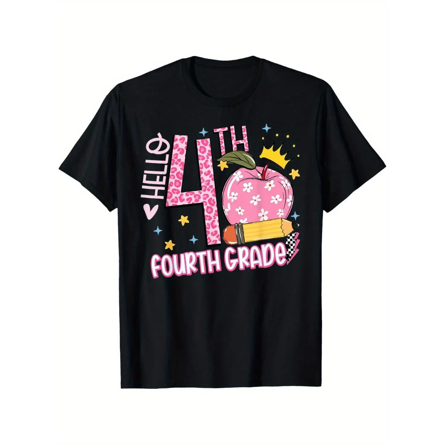 Hello 4th Grade - Pink Leopard Back to School T-Shirt, 100% Cotton Crew Neck, Casual Short Sleeve Tee with Pencil & Apple Design