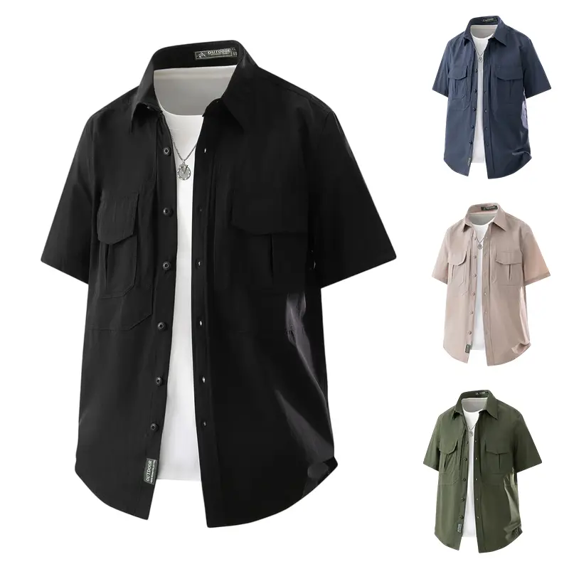 Men's Short-Sleeve Plain Shirt - Stylish Minimalist Basic Style, Classic Button-Front Collared Wardrobe Staple, Breathable Street Chic American Top for Everyday Outings & Outdoors Activities