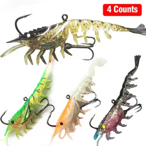 HADORAM 4 Pieces Shrimp Lures for Fishing, Lifelike Fishing Lures Shrimp Lures for Freshwater Saltwater with Tiny Bead Tubes and Scented Rods, Mimics a Shrimps Natural Movements