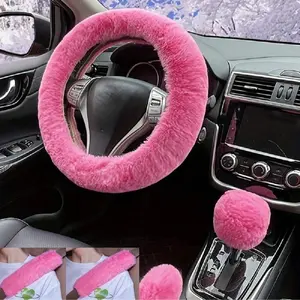 5pcs Car Steering Wheel Cover Set, Elastic Handle Grip, Handbrake Gear Protector, Shoulder Pad, Warm Comfortable Faux Rabbit Fur, Girly Car Accessories