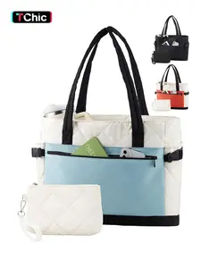 Women’s Lightweight Quilted Puffer Tote Bag with Cup Holder, Laptop Compartment, Cosmetic Bag & Trolley Sleeve, Multi-Compartment Zipper Shoulder Bag for Work, Travel, School, Gym, Teacher, Nurse Daily Use，Valentine's Gift, Laptop Tote Bags