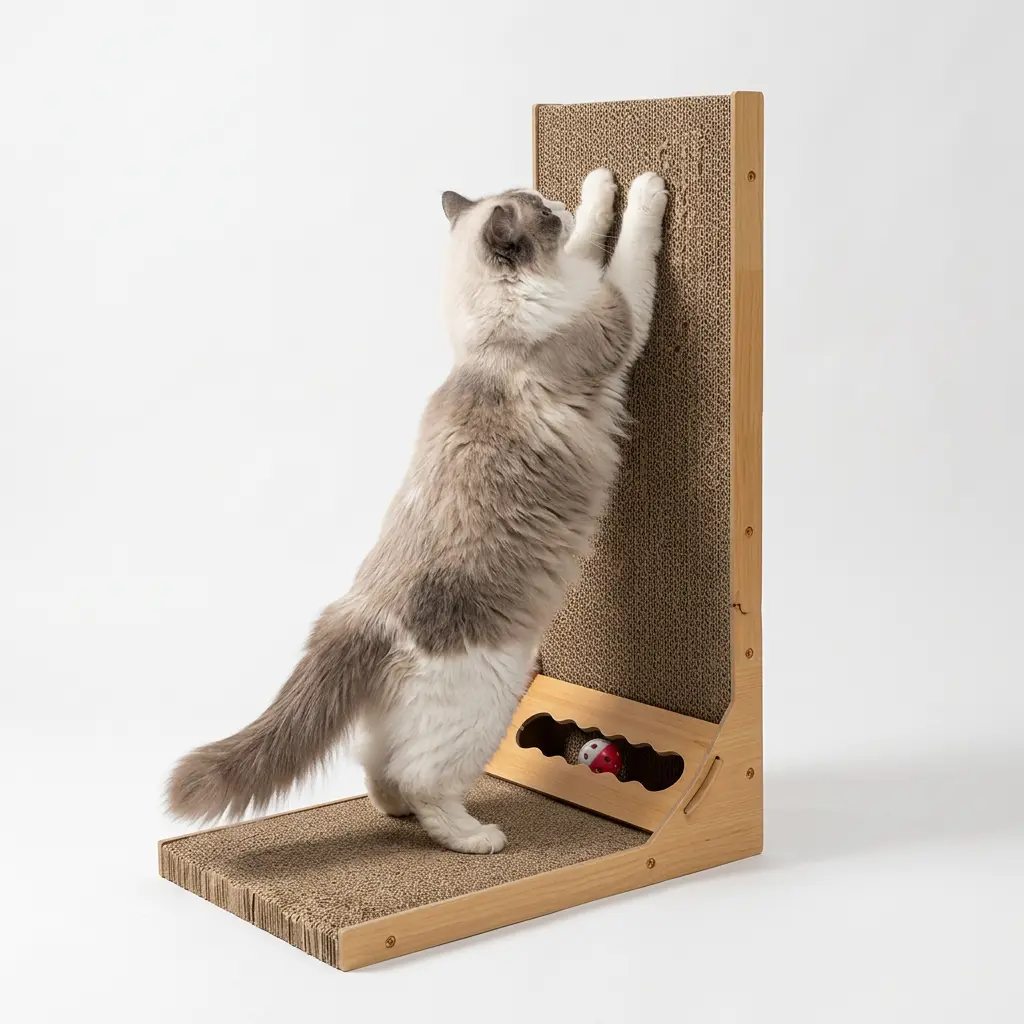 23.6''L-Shaped Cardboard Cat Scratcher, Contemporary Light Wood Wall-Mounted Vertical Scratching Pad for Indoor Cats, with Interactive Bell Toy Ball, Encourages Natural Hunting Behaviors for Scratching and Sleeping Pet Furniture, Modern