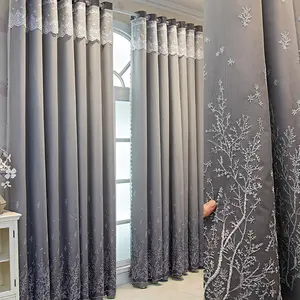 Double Layered Blackout Curtains with Tree Branch Patterns, Heavy-Duty Fabric Gauze Sunshade, Privacy Indoor Insulation Decorative Curtain Panel, Window Curtain