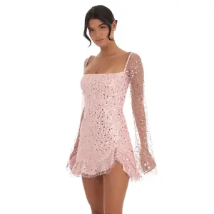 Sequin Flare Long Sleeve Dress in Pink
