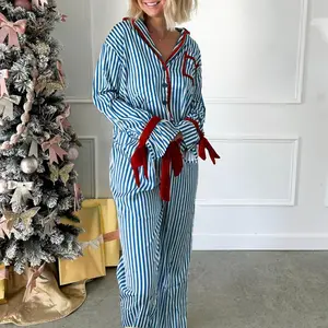 Womens Striped Pajama Set, Long Sleeve Button-up Crop Tops, Bow Long Pants 2 Piece Sleepwear Outfit, Ladies Clothes for Daily Wear, Striped Loungewear Set