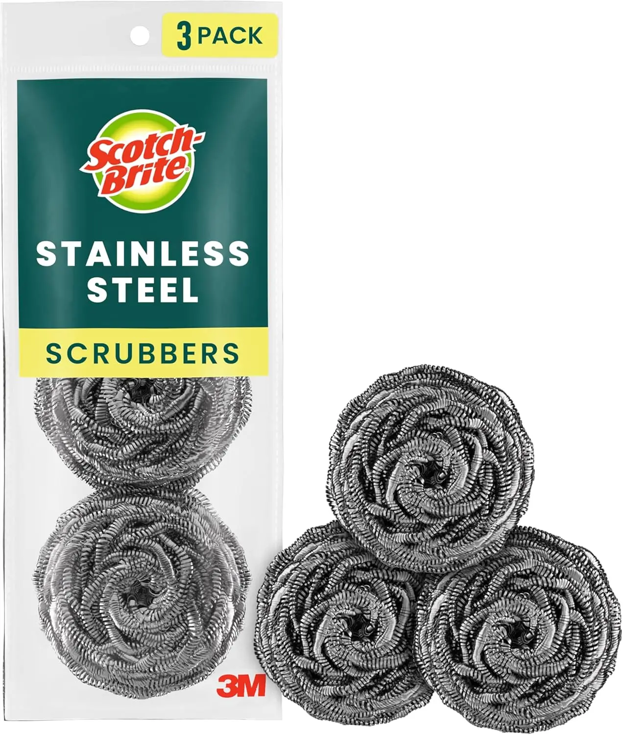 Scotch-Brite Stainless Steel Scrubbers, Scouring Pads for Cleaning Tough Baked-On Messes, Metal Scrubbers for Cleaning Dishes, 3 Scrub Pads