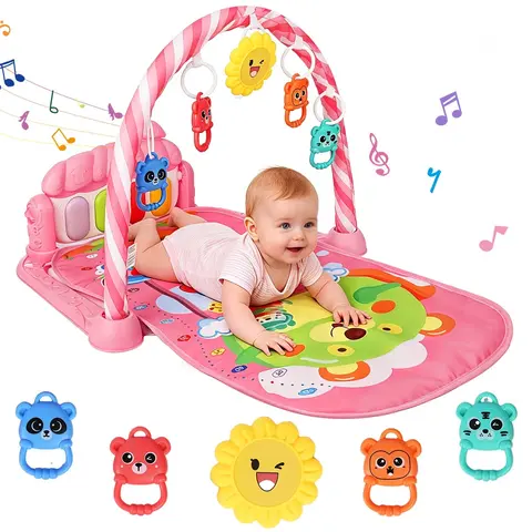 COMOMY Pink Baby Play Mat - Electronic Interactive Activity Center for 0-12 Months Infants, High-Quality Fabric Machine Washable Floor Tummy Time Mat with Musical Light-Up Piano & 5 Hanging Rattles, Nursery Development Item