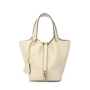 Luxury genuine leather spacious hardware-buckle handbag High-quality exquisite pebbled leather bucket tote bag