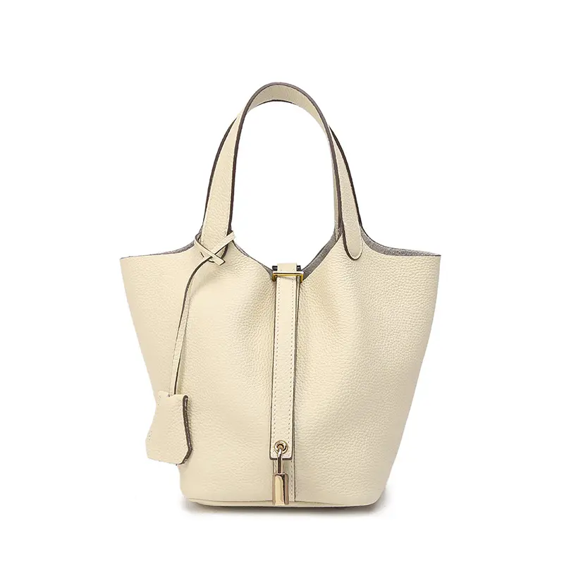 Luxury genuine leather spacious hardware-buckle handbag High-quality exquisite pebbled leather bucket tote bag
