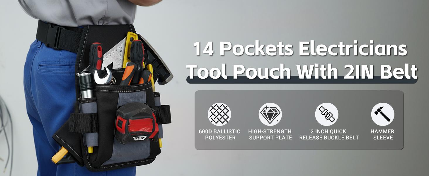MELOTOUGH Tool Belt Pouch Professional 14-Pocket Electrician Tool Pouch with Detachable Hammer Loop for Electricians, Contractors, Roofing & HVAC Work MELOTOUGH Tool Belt Pouch Professional 14-Pocket Electrician Tool Pouch with Detachable Hammer Loop for Electricians, Contractors, Roofing & HVAC Work
