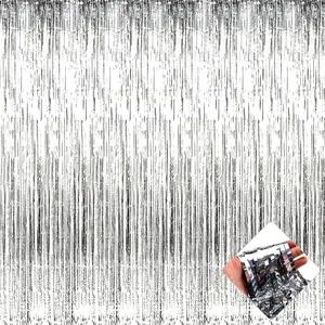 4 Pack 3.2Ft x 8.2Ft  Foil Fringe Curtain Backdrop, Metallic Tinsel Foil Fringe Streamers Curtains Background for Photo Booth, Birthday, Wedding, Halloween, Christmas Party Decoration