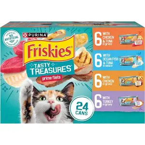 Purina Friskies Wet Cat Food Variety Pack – 24 Cans 5.5 oz Tasty Treasures Prime Filets Chicken, Tuna & Turkey
