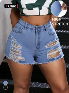 【Plus Size】 High Waist Distressed Denim Shorts, Casual Fashion Ripped Short Jeans for Daily Outdoor Wear, Women Plus Clothing for Summer