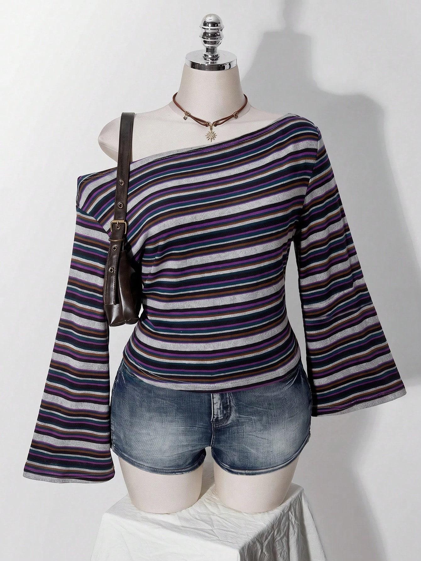 LALUZ Waist-Cinching Plus Size Knitted T-Shirt Asymmetrical Shoulder Y2K Vintage Long Sleeve Fall Top Trendy