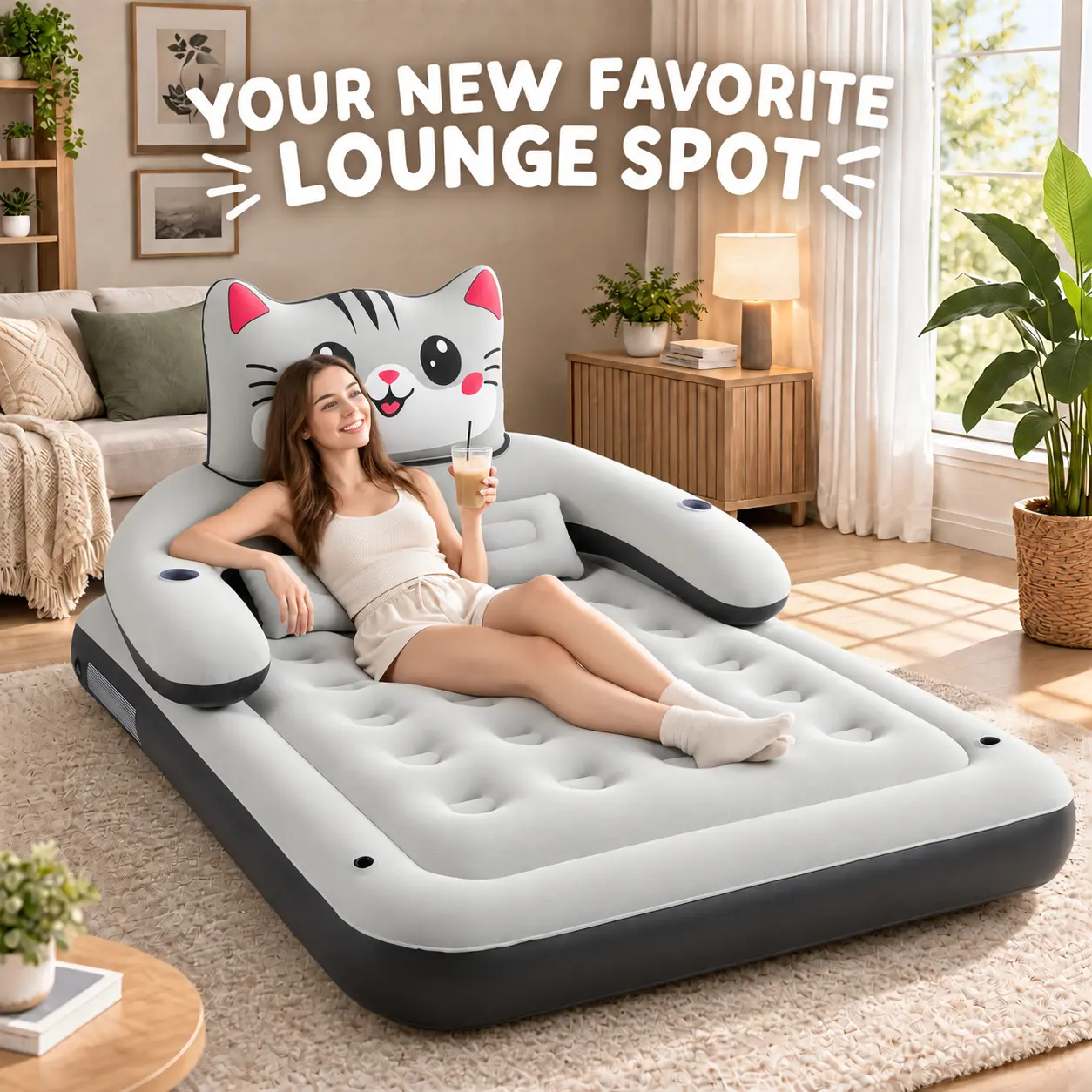 Cute Cat Inflatable Air Mattress with Armrests & Pillows, Fast Inflation & Deflation Flocked Air Bed, Portable Inflatable Mattress for Indoor & Camping, Single/Double Size Optional