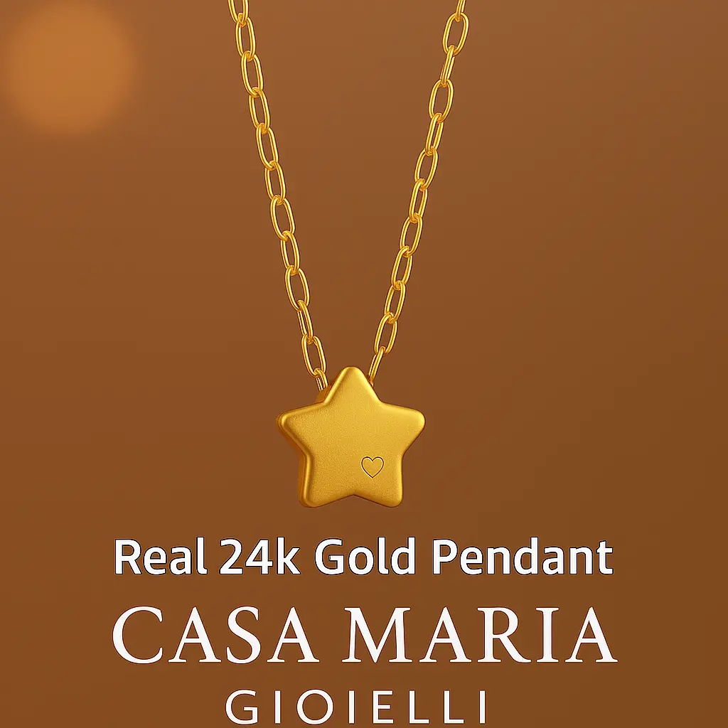Women's 24-Karat Solid Gold Star Heart Pendant Necklace - Casa Maria Gioielli, Fine Jewelry Necklace, Real Gold Fashion Accessory, Gold Star Pendant Necklaces