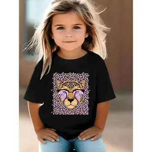 Cartoon Leopard Print with Fashion Glasses, This Casual Short-sleeved T-shirt for Girls Is Stylish, Comfortable, and Perfect for Spring and Summer.