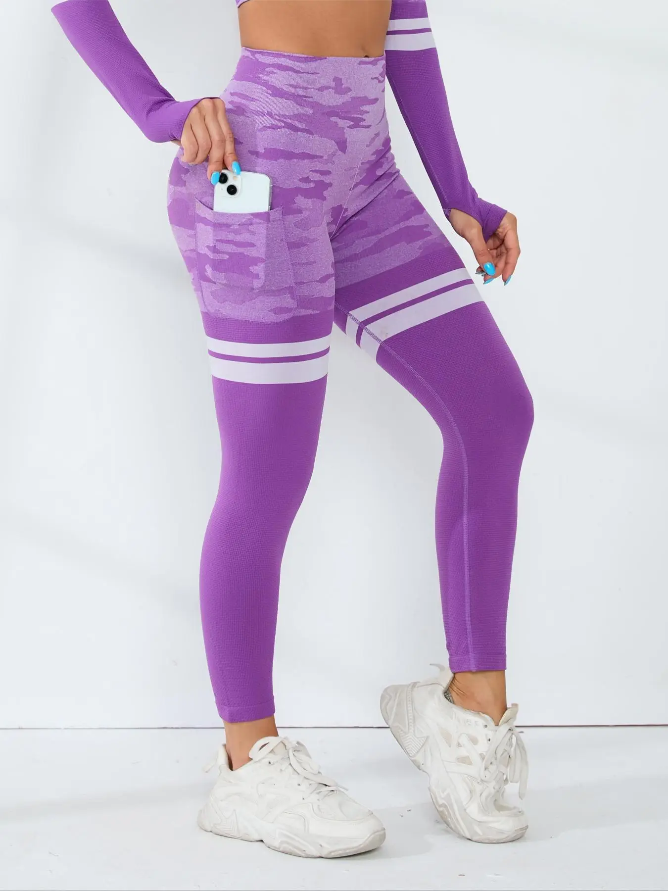 Women's Striped & Camo Pattern Sports Leggings with Phone Pocket, Tummy Control Butt Lift Leggings, High Waisted Athletic Workout Running Yoga Pants