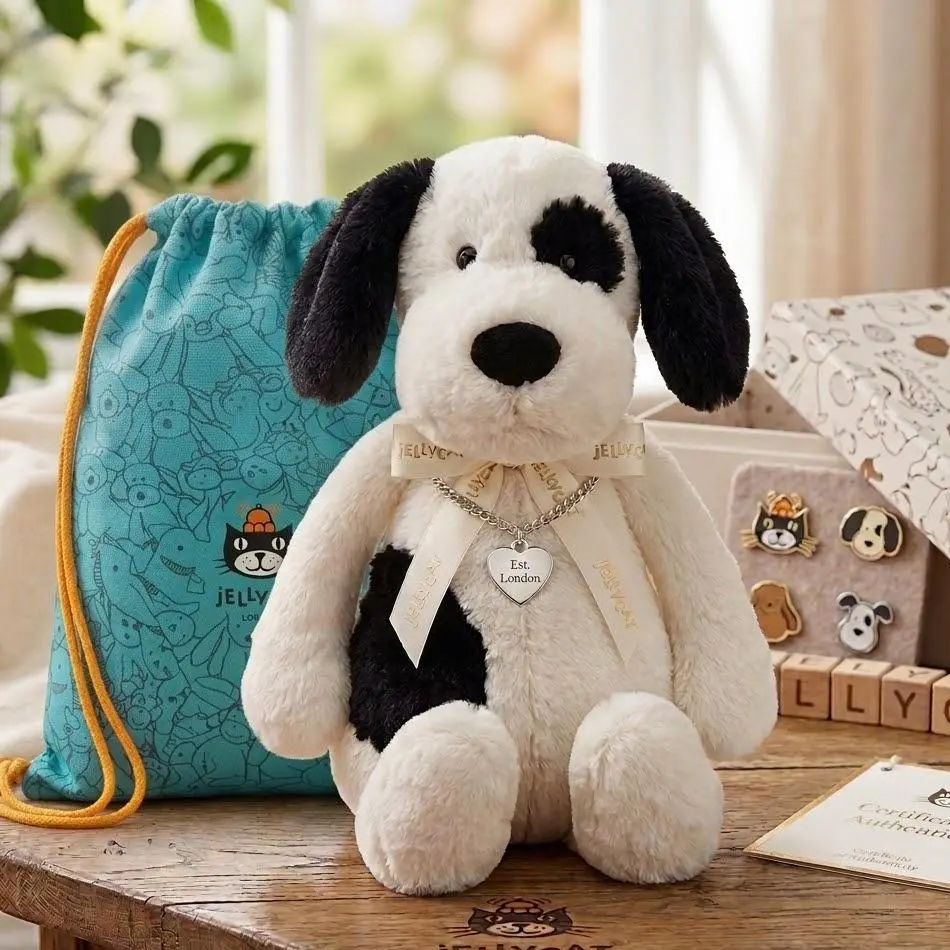 Official Jellycat London Bashful Black & White Puppy Dog Plush Toy - Soft Stuffed Animal Puppy with Heart Charm, Collector Special Gift, Cute Room Decor for Kids, Girls & Dog Lovers