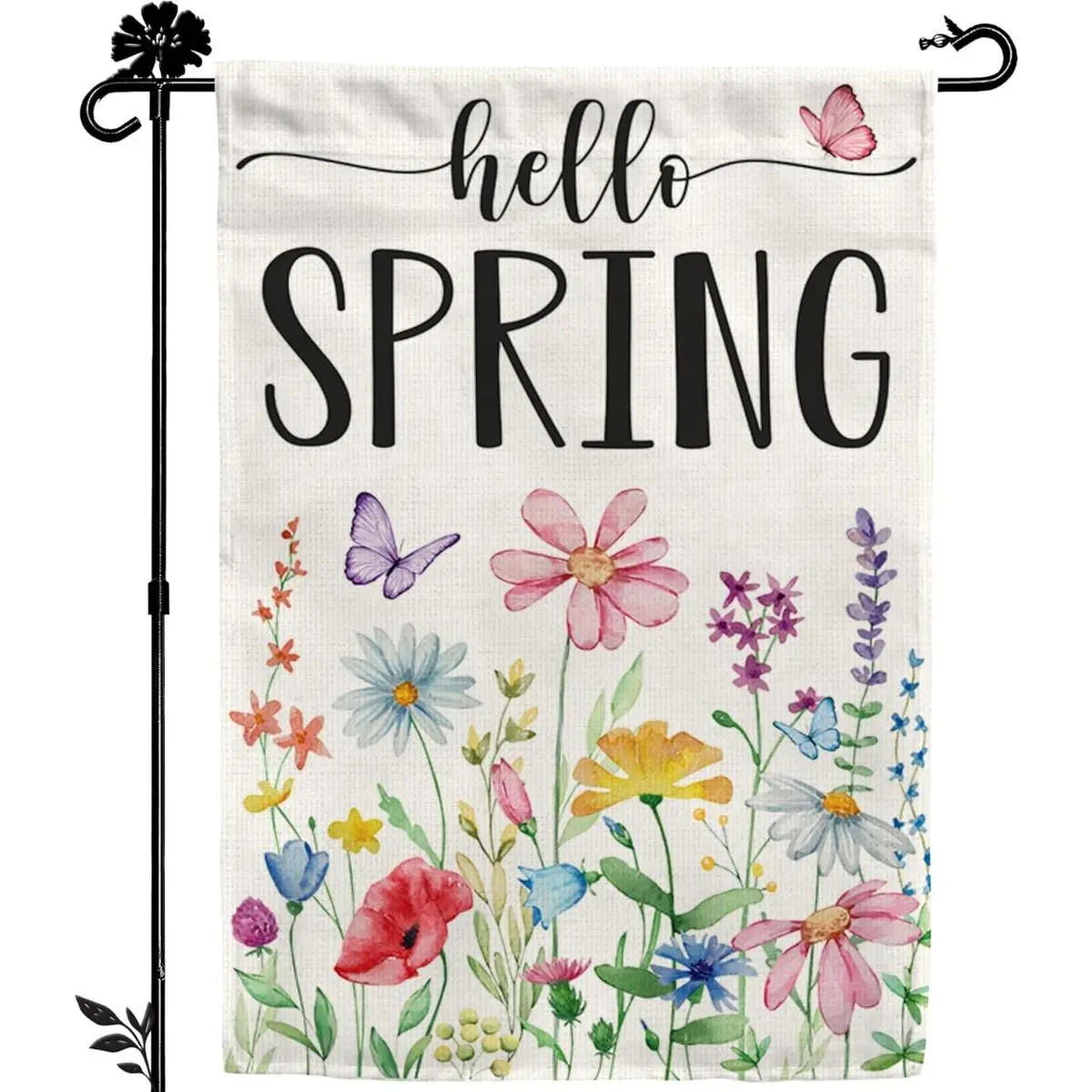 Hello Spring Garden Flag 12x18in, Double-Sided Watercolor Wildflower & Butterfly Yard Decor, Floral Spring Welcome Outdoor Banner for Patio Porch