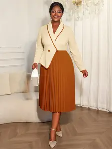 AOMEI Women's Modest Formal Office Work Dress Lapel Long Sleeve Pleated Colorblock Church Dress