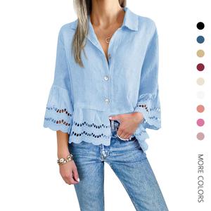 Danedvi Women's Casual Fashion Button-Up Blouse - 3/4-Sleeve Vest-Style Shirt, Comfortable Loose Hollow-Out Top with Pleated Ruffle Hem, Quality Fabric, Jacket-Inspired Silhouette, Fits Most Sizes
