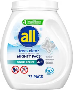 all Unit Dose Laundry Detergent, Mighty Pacs, Free Clear, Odor Relief, 72 Count