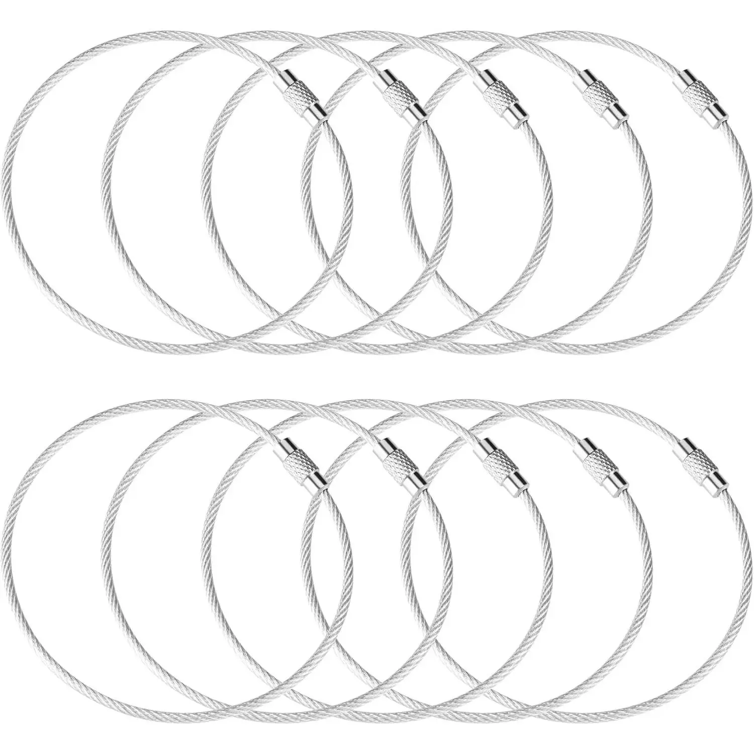 10 Inch Wire Keychain Cable,Large Stainless Steel Key Ring Loop Holder,Nylon Coated Screw Lock Key Rings,2mm Heavy Duty,Pack of 20,Silver