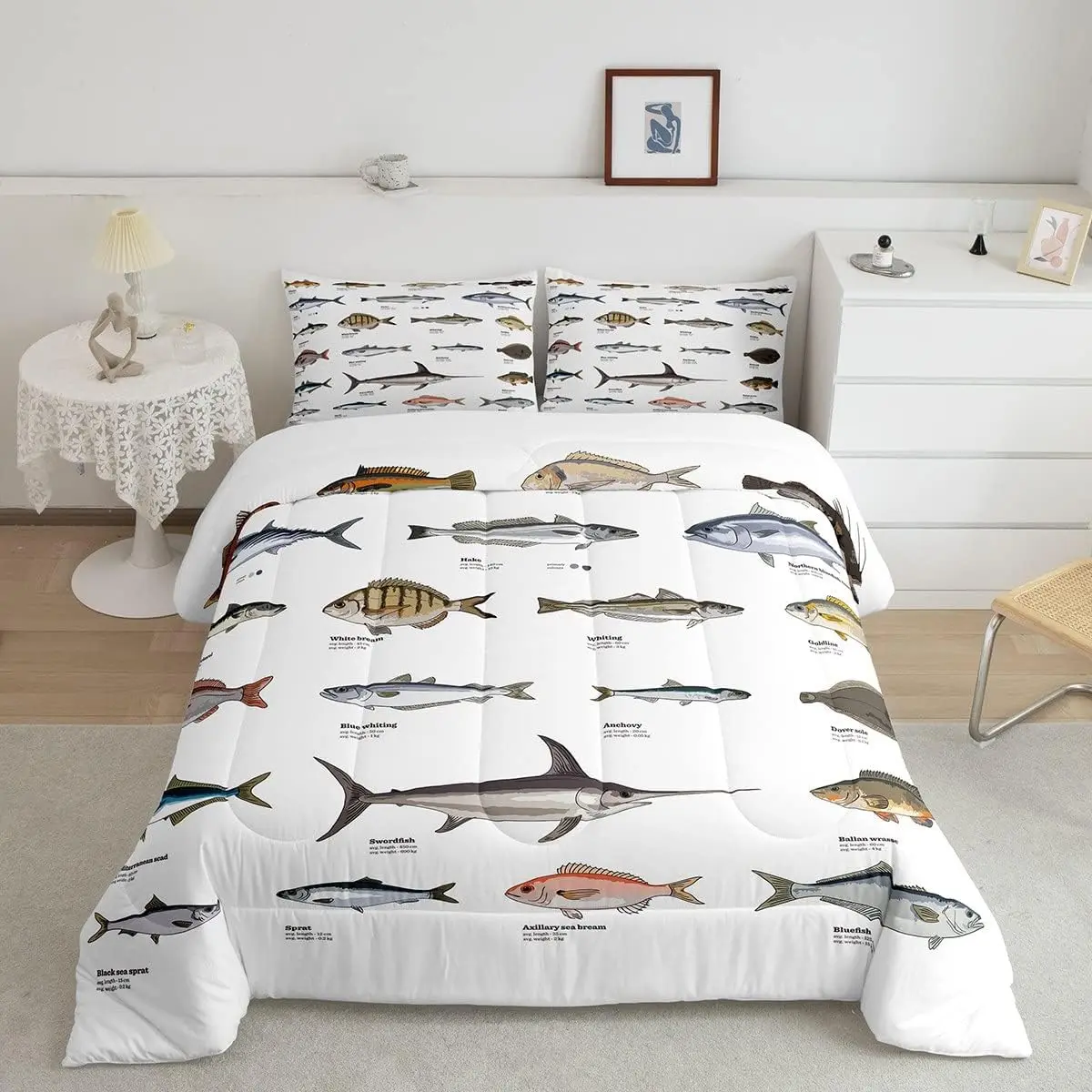 Feelyou Queen Size Fish Print Duvet Set - Farmhouse Fishing Theme Bedding, Small Fish Pattern, Fishing Lures Hook Accents, U-Stitching Design, Prevents Fill From Clumping, Multi-Size, Travel-Friendly Dorm Room Plush Bedding, Bed Set, Bass Fish