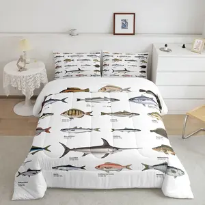 Feelyou Bass Fish Comforter Set - Farmhouse Fishing & Hunting Theme Bedding Set with Small Fish Pattern, Bedding Design Quilted Duvet Insert, Fishing Lures Hook Accents