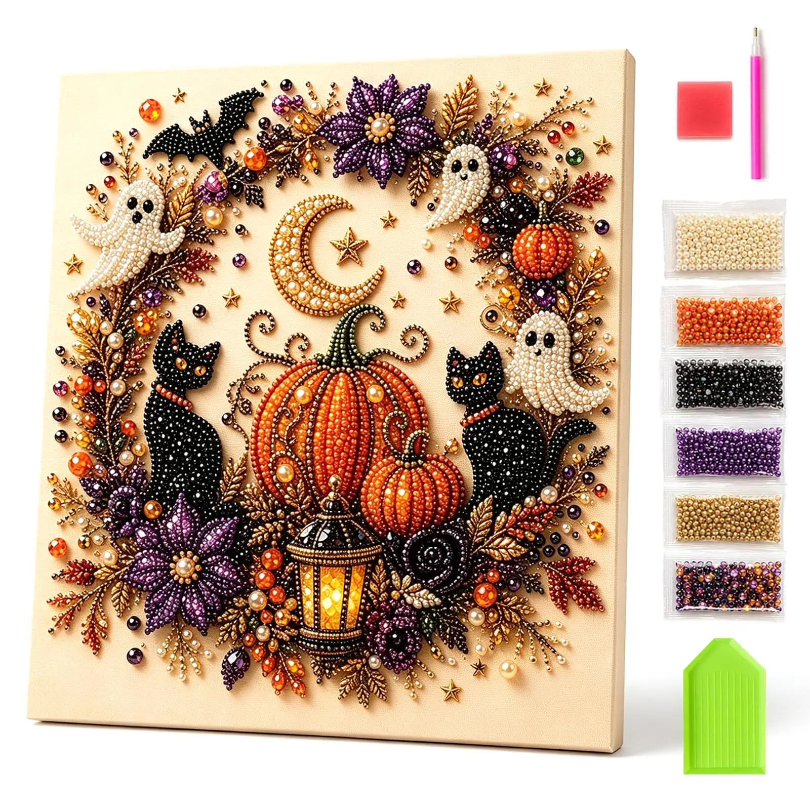 Halloween Ghost Shapes 3D Pearl Art Making Kit - DIY Craft Supplies, Spooky Cute 3D Diamond-Painting Crafting Kit for Adults, Portable Fall Home Decor for Starters, Halloween 3D Pearl Art
