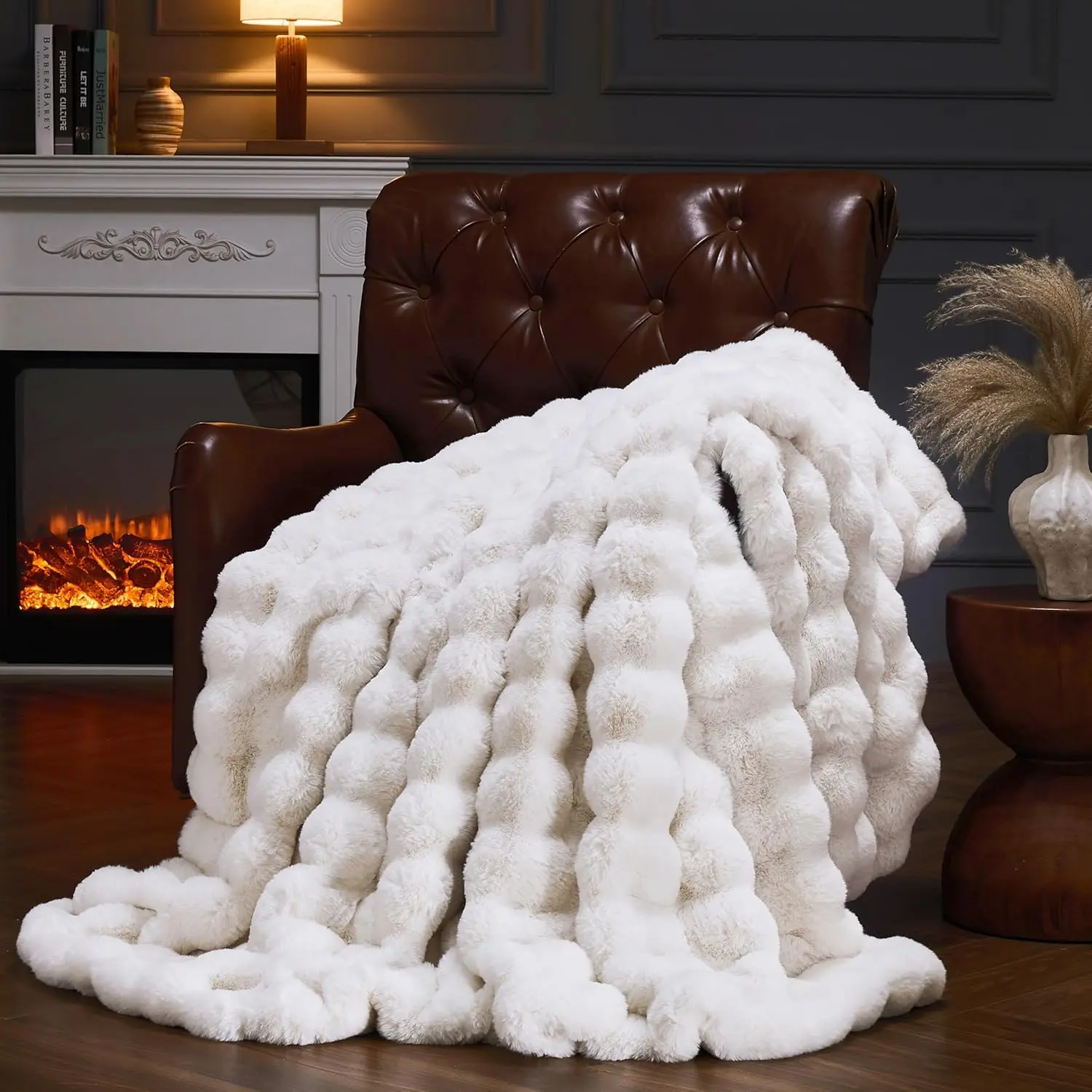 Faux  Throw Blanket for Couch, Fluffy Fuzzy Plush Bubble Blanket, Soft Warm Cozy Shaggy  Blanket, Luxury Decorative Gifts for Sofa Bedroom Living Room, 60x50inch (Beige)