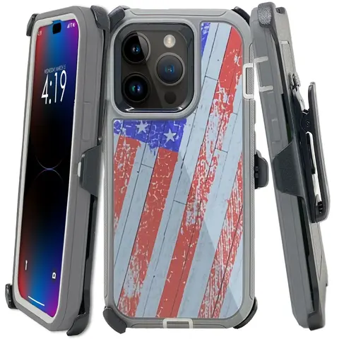 USA Flag Rugged Defender Case Cover For Apple iPhone 18 / 17 / 17E / 16 / 16E / 15 / 14 / 13 / 12 / Plus / Pro / Pro Max / Shockproof Heavyduty Protection With Belt Clip Phonecase