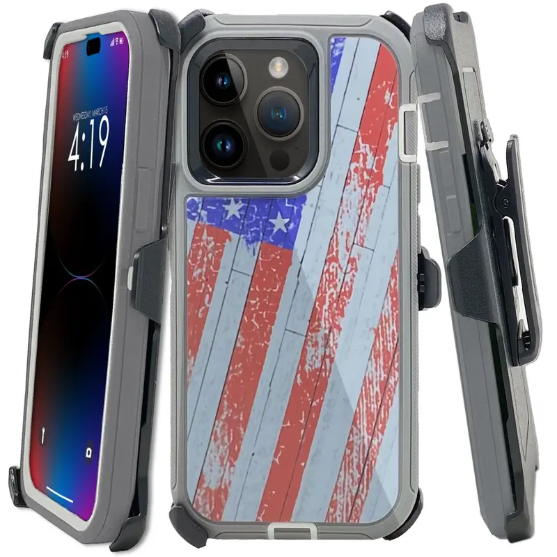 USA Flag Rugged Defender Case Cover For Apple iPhone 18 / 17 / 17E / 16 / 16E / 15 / 14 / 13 / 12 / Plus / Pro / Pro Max / Shockproof Heavyduty Protection With Belt Clip Phonecase