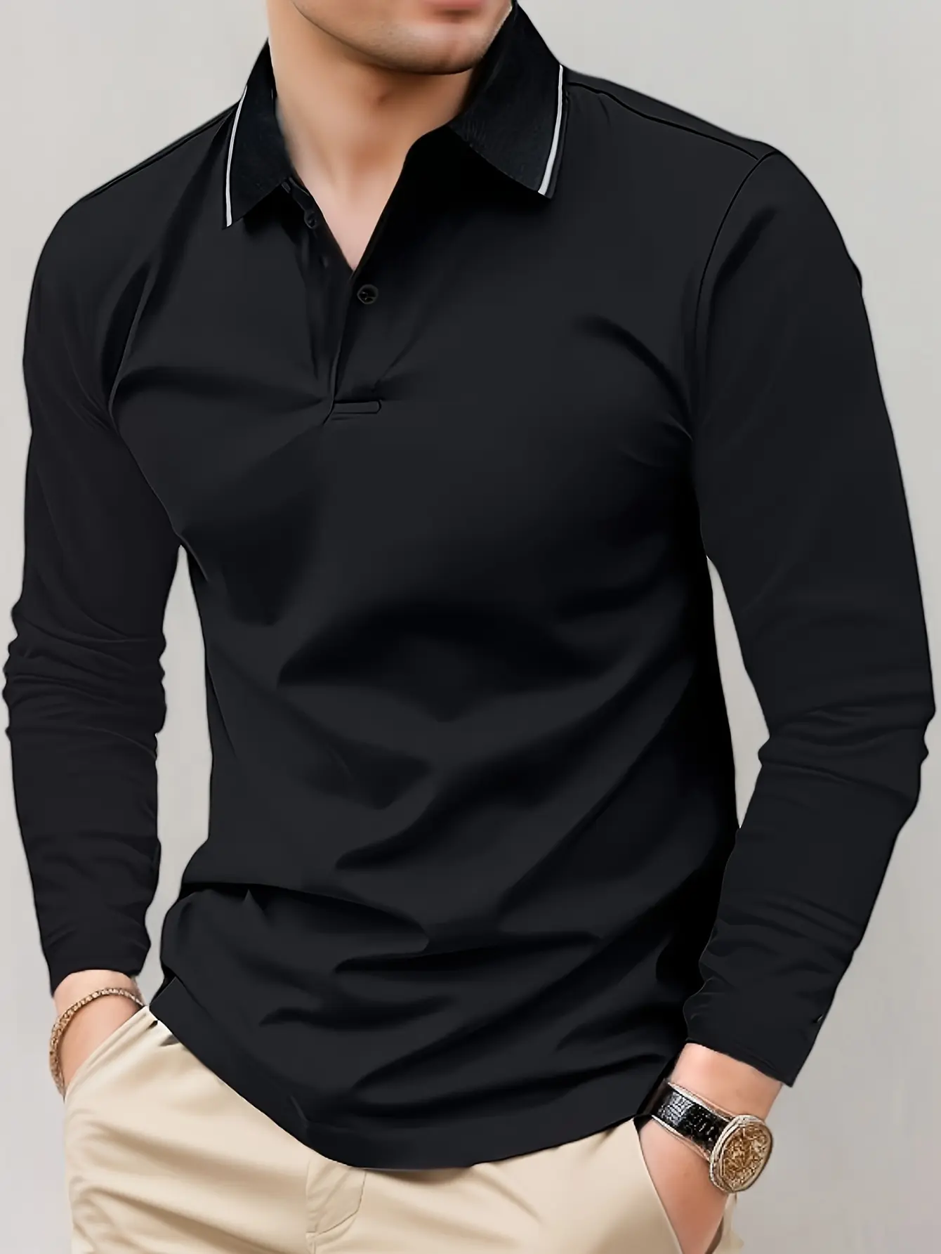 Spring and autumn lapel men's polo shirt long sleeve polo shirt solid color light plate casual sportswear men's tops