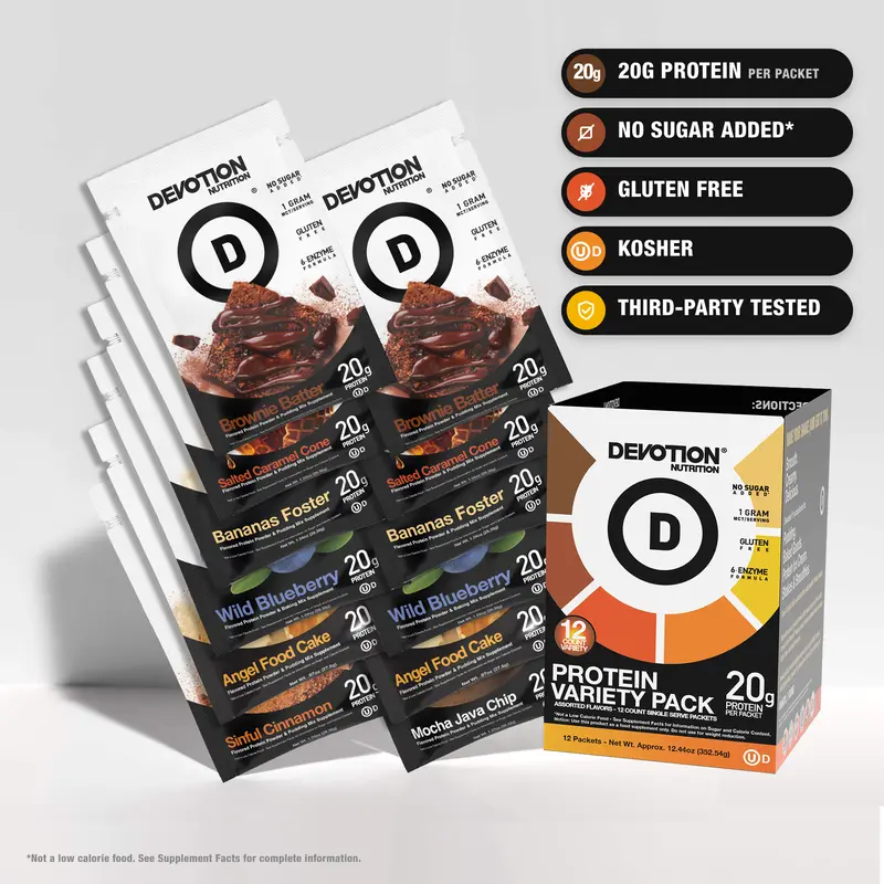 Devotion Nutrition Protein Variety 12-Pack Bundle – Gluten Free, Keto Friendly, No Added Sugars, 1g MCT, 20g Whey & Micellar Protein per Serving