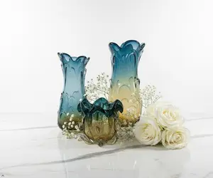 Blue Glass Vase Collection with Fruit Bowl - Hand-Blown Blue & Gold Swirls for Floral & Decorative Use