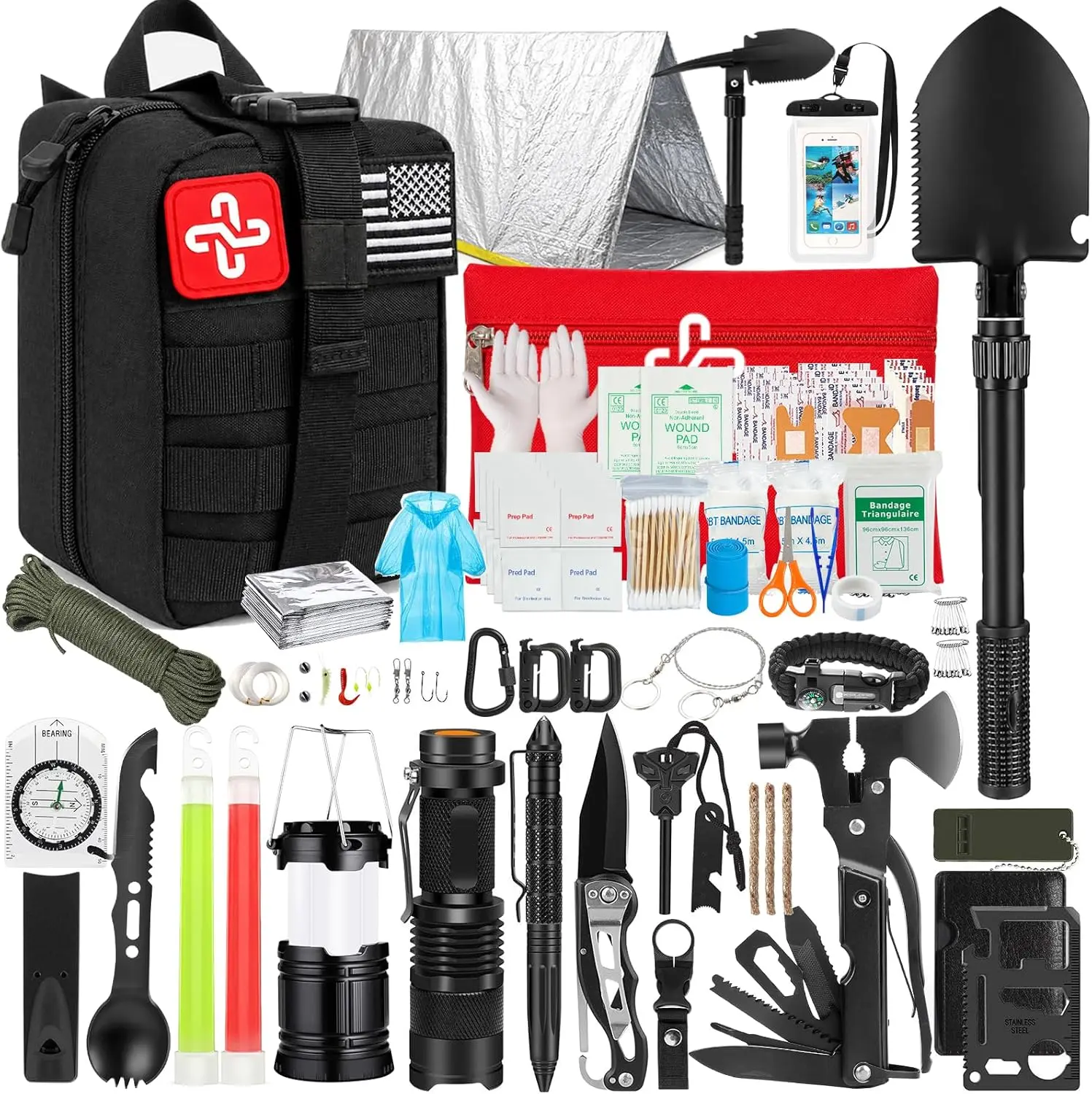Emergency Survival Kit and First Aid Kit, 250-in-1 Survival Kit for Father's Day - Military-Grade Emergency Gear with First Aid Supplies and Supplies Equipment with Molle Pouch, Gift for Christmas Men Dad Husband Camping Hiking Hunting Outdoor Adventure