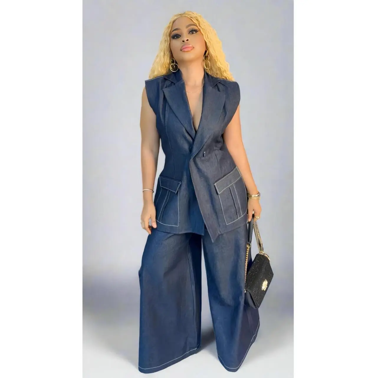 Indigo Command Set Oversized Sleeveless Blazer Denim Set Womenswear