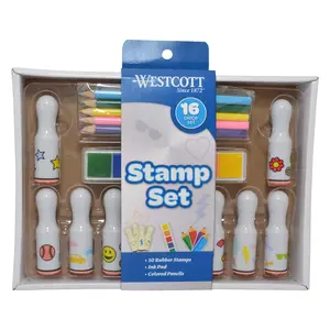 Westcott 16-Piece Stamp Set, Includes 10 Stamps, Colored Pencils and Multi-Color Ink Pad (17972)