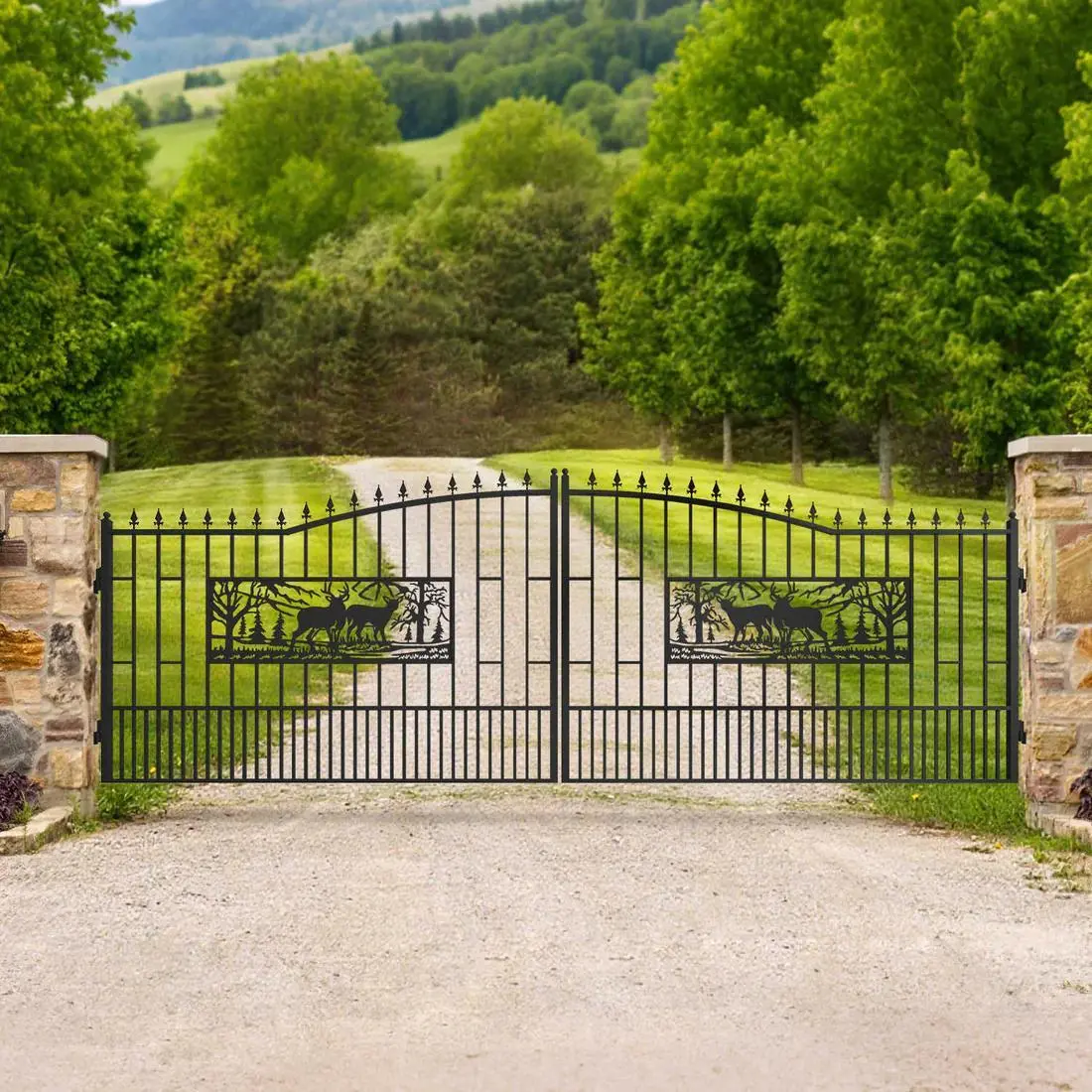 18ft x 7ft Steel Dual Swing Driveway Gate with Rectangular Deer Design