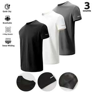 Men's 3-Pack Quick Dry Athletic T-Shirts - Black, White & Navy Blue Solid Colors - 4-Way Stretch Moisture-Wicking Breathable Fabric - Perfect for Gym, Running, Sports & Daily Wear - S-2XL Sizes