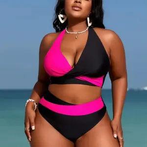 Women's Bold Pink & Black 2-Piece Color Block Tankini Swimsuit - Floral Print Triangle Top, Tummy Control Bathing Suit for Beach, Pool