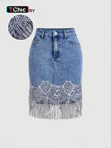 Women's Denim Fringe Sequin Midi Skirt, Summer Elegant Casual Wear, High Stretch Comfortable Office Commute Dress, Fitted Plain Style