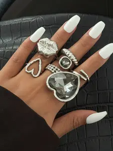 7 Piece Luxury Minimalist Acrylic Gem Heart Ring Set, Stackable Joint Rings for Cold Style, Daily Luxe, Blogger Look, Metal Accessories