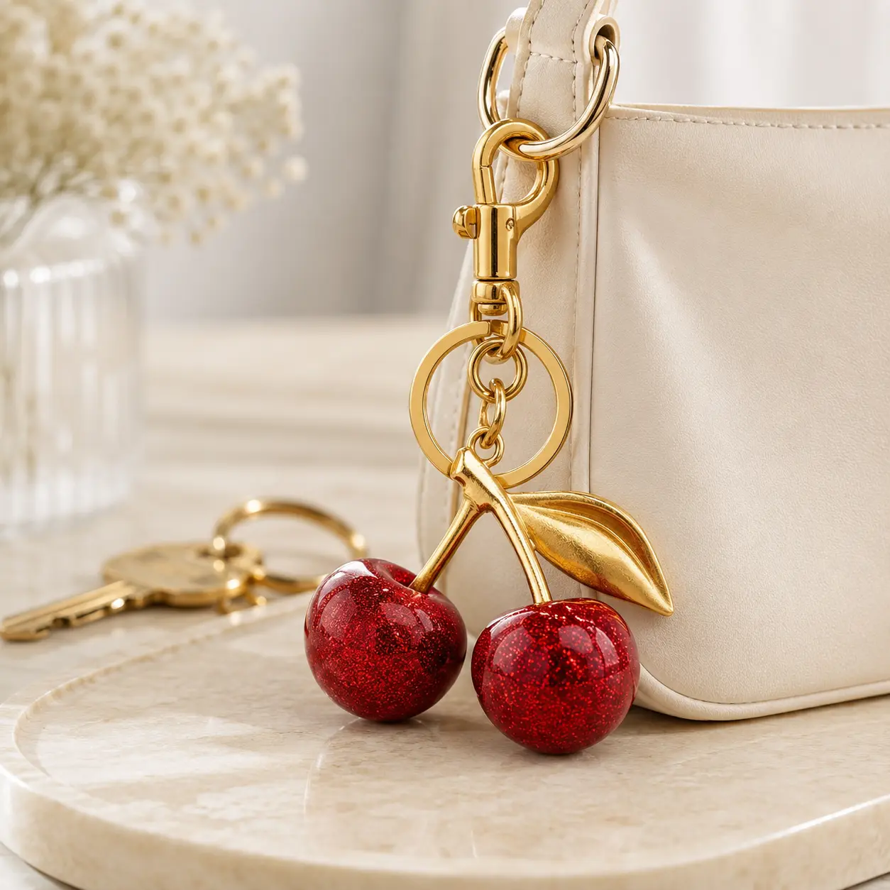 Keychain Cherry Bag Charms Purse, Key Chains Women Cute - Car keyrings leather handbags, Adorable Add-ons for Your Essentials, Perfect Anniversary Wedding Gift