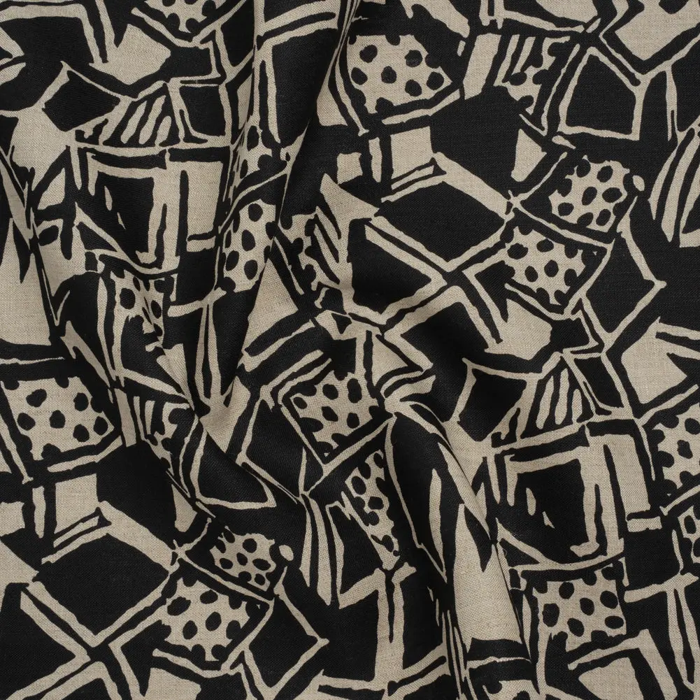 Heavyweight Linen Woven Print - Black and Oatmeal Abstract Blocks and Spots