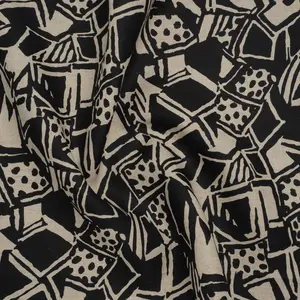 Heavyweight Linen Woven Print - Black and Oatmeal Abstract Blocks and Spots