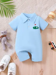 Boys' One-Piece Romper Bodysuit, Summer Essential, Golf Pattern Embroidery, Comfortable and Stylish Baby Clothing, Perfect for Warm Weather, Baby Boy Clothes