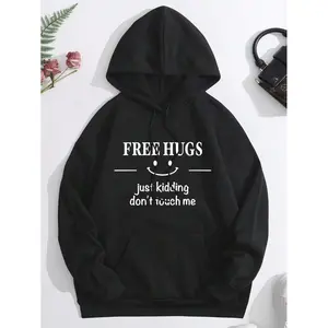 Slogan Graphic Kangaroo Pocket Drawstring Thermal Hoodie FREE HUGS Just Kidding Don't Touch Me